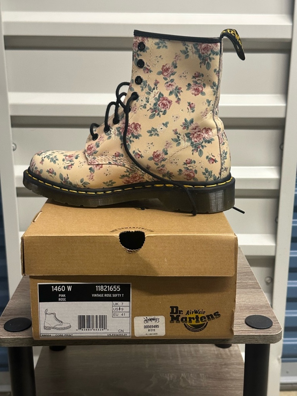 Dr. Martens 1460 Floral Lace-Up Boot in Cream with Pink Roses